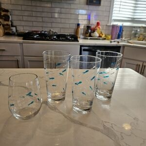 Cynthia Rowley School Of Fish Etched Blue Clear Fish Glasses Set Of 4